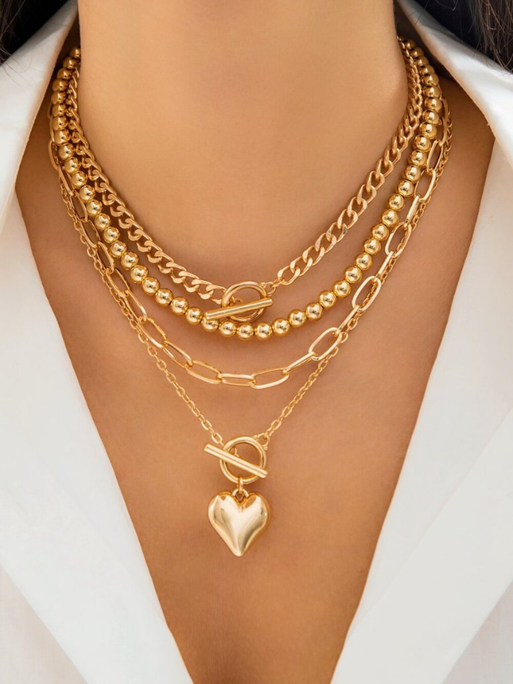 4 Layer Stackable Gold Tone Necklace Round Ball Paperclip Chain Toggle Heart Cha